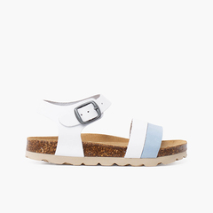Sandale à lanières bicolore avec semelle bio ergonomique Blanc et Bleu Clair